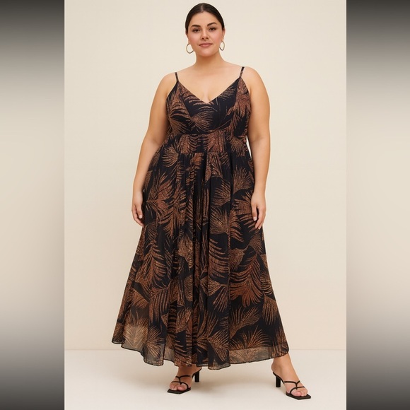 City Chic Elegant Black and Brown Leaf Print Maxi Dress XL - Picture 15 of 15